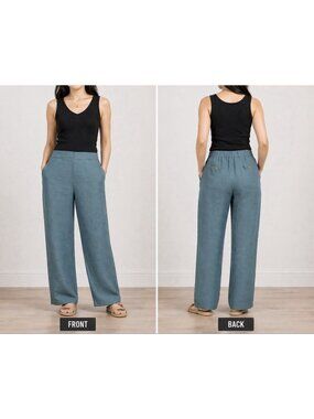 Vikolino Dark Green Wide Leg Pants Size XL Stretch Linen Lagenlook NEW $228